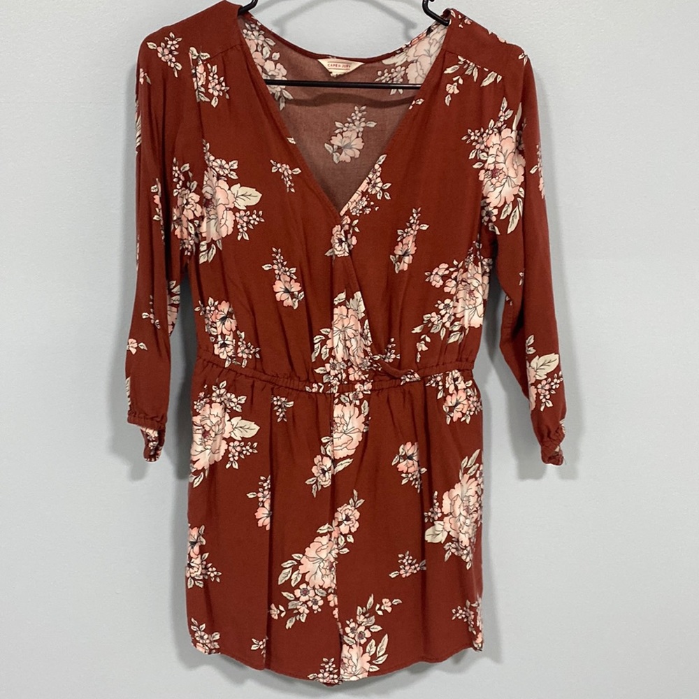Rust Romper with pink blossoms